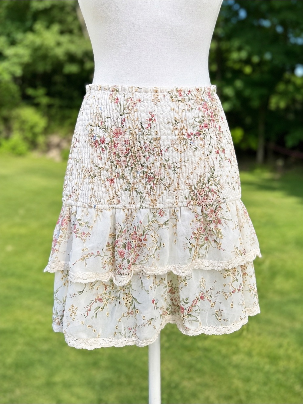 Cream Floral Tiered Skirt